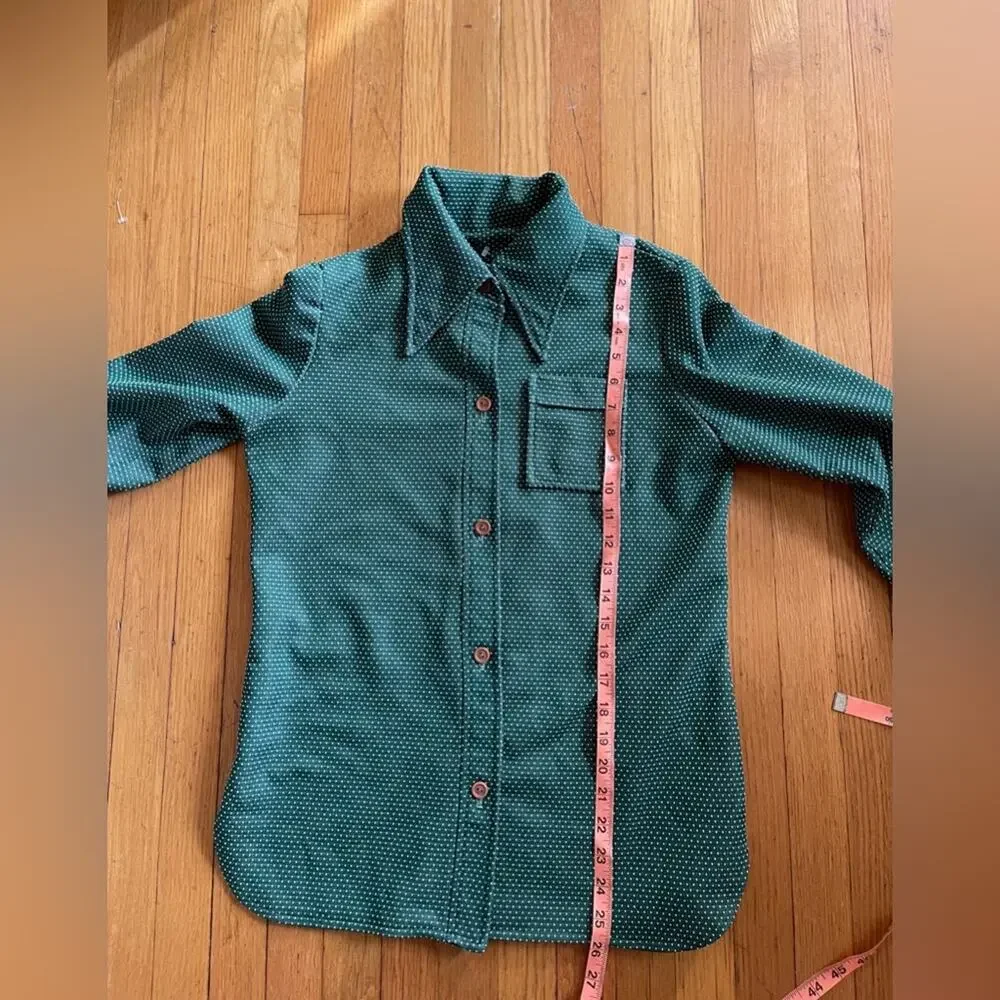 70s Vintage Green Swiss Dot Polka Dot Shirt Jacket w Dagger Collar - Picture 4 of 5